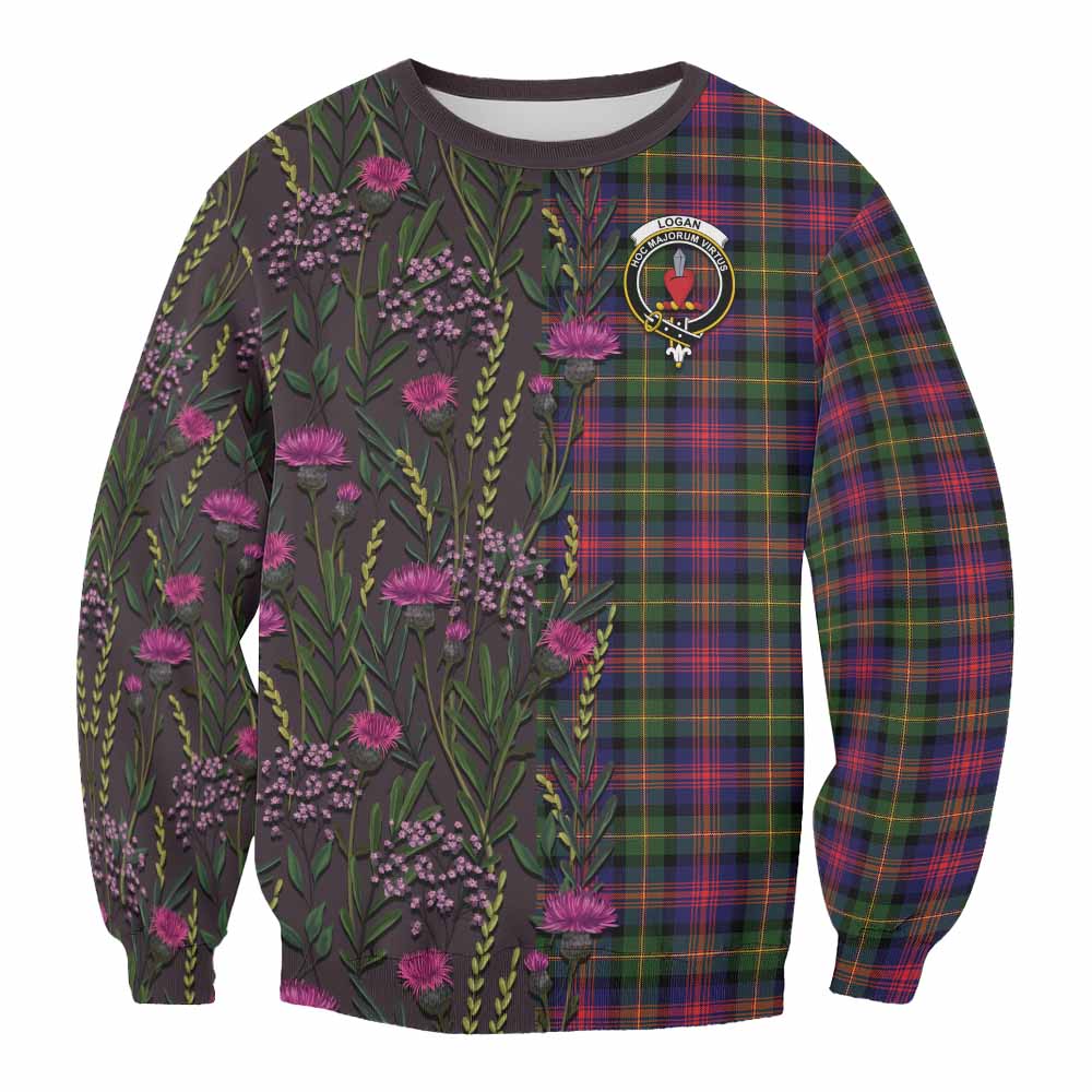 Logan Family Crest Tartan Sweatshirt Scottish Thistle Flower Pattern Half Style - Tartan Vibes Clothing