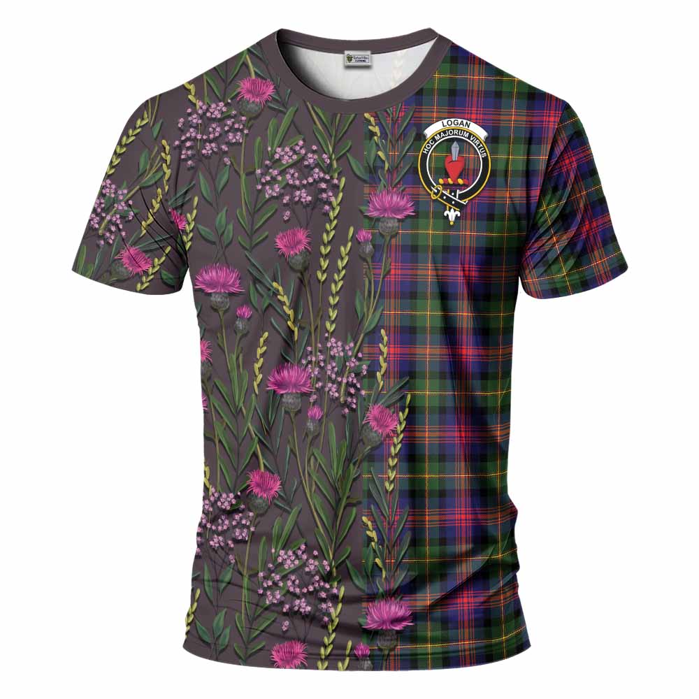 Logan Family Crest Tartan T-Shirt Scottish Thistle Flower Pattern Half Style - Tartan Vibes Clothing
