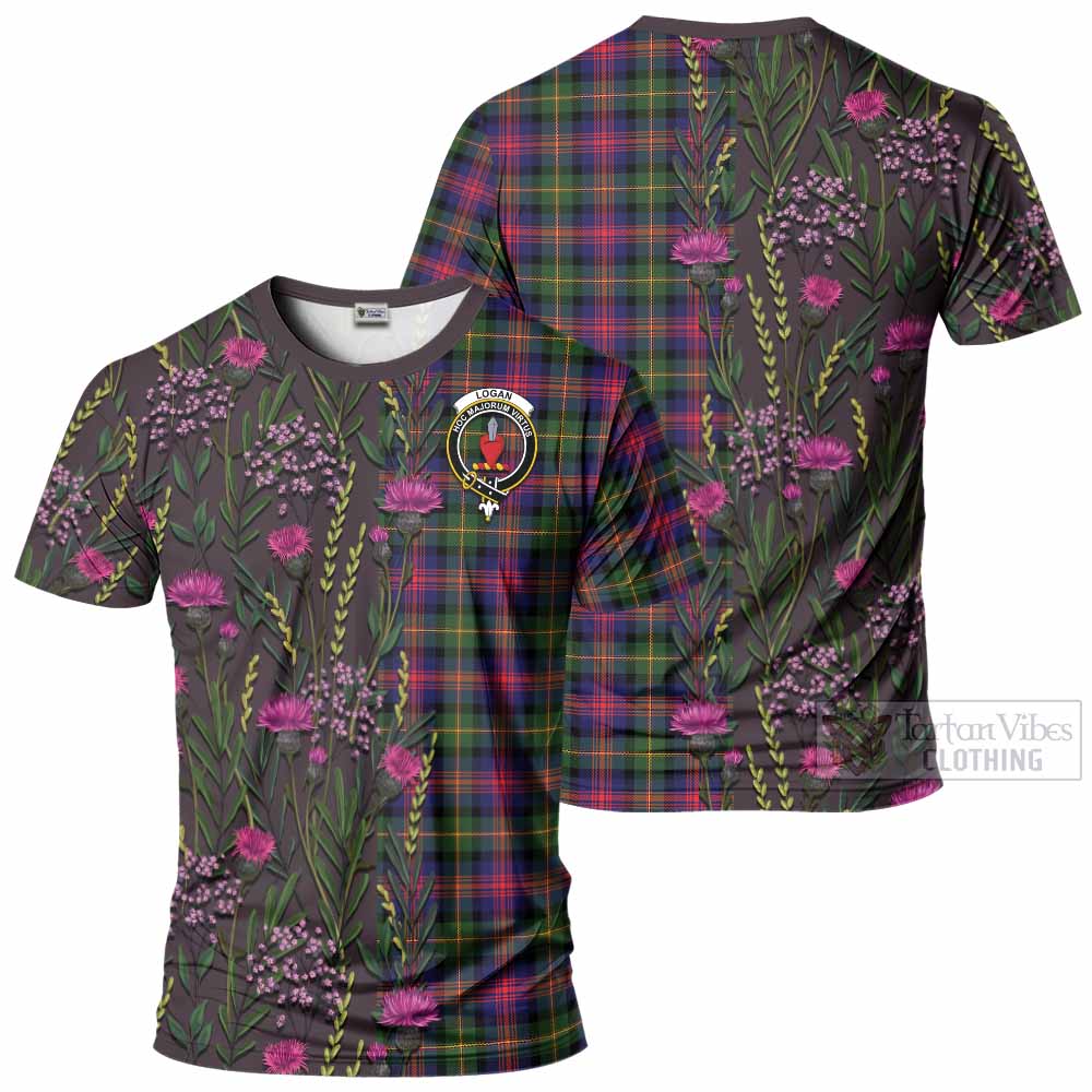 Logan Family Crest Tartan T-Shirt Scottish Thistle Flower Pattern Half Style - Tartan Vibes Clothing