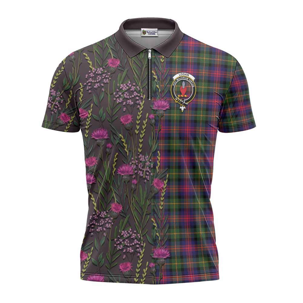 Logan Family Crest Tartan Zipper Polo Shirt Scottish Thistle Flower Pattern Half Style - Tartan Vibes Clothing
