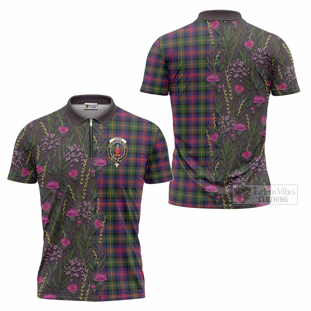 Logan Family Crest Tartan Zipper Polo Shirt Scottish Thistle Flower Pattern Half Style - Tartan Vibes Clothing