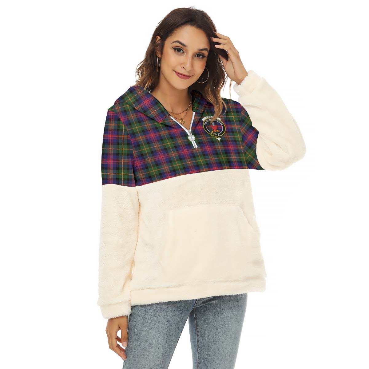 Logan Tartan Women's Borg Fleece Hoodie With Half Zip with Family Crest Female - Tartan Vibes Clothing