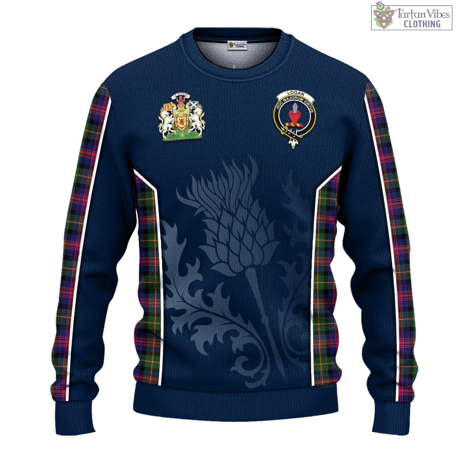 Tartan Vibes Clothing Logan Modern Tartan Knitted Sweatshirt with Family Crest and Scottish Thistle Vibes Sport Style