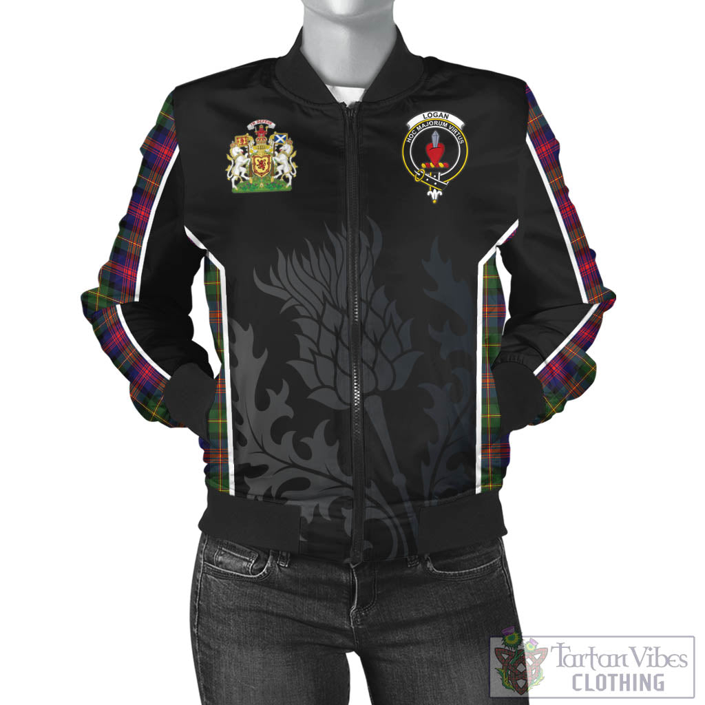 Tartan Vibes Clothing Logan Modern Tartan Bomber Jacket with Family Crest and Scottish Thistle Vibes Sport Style