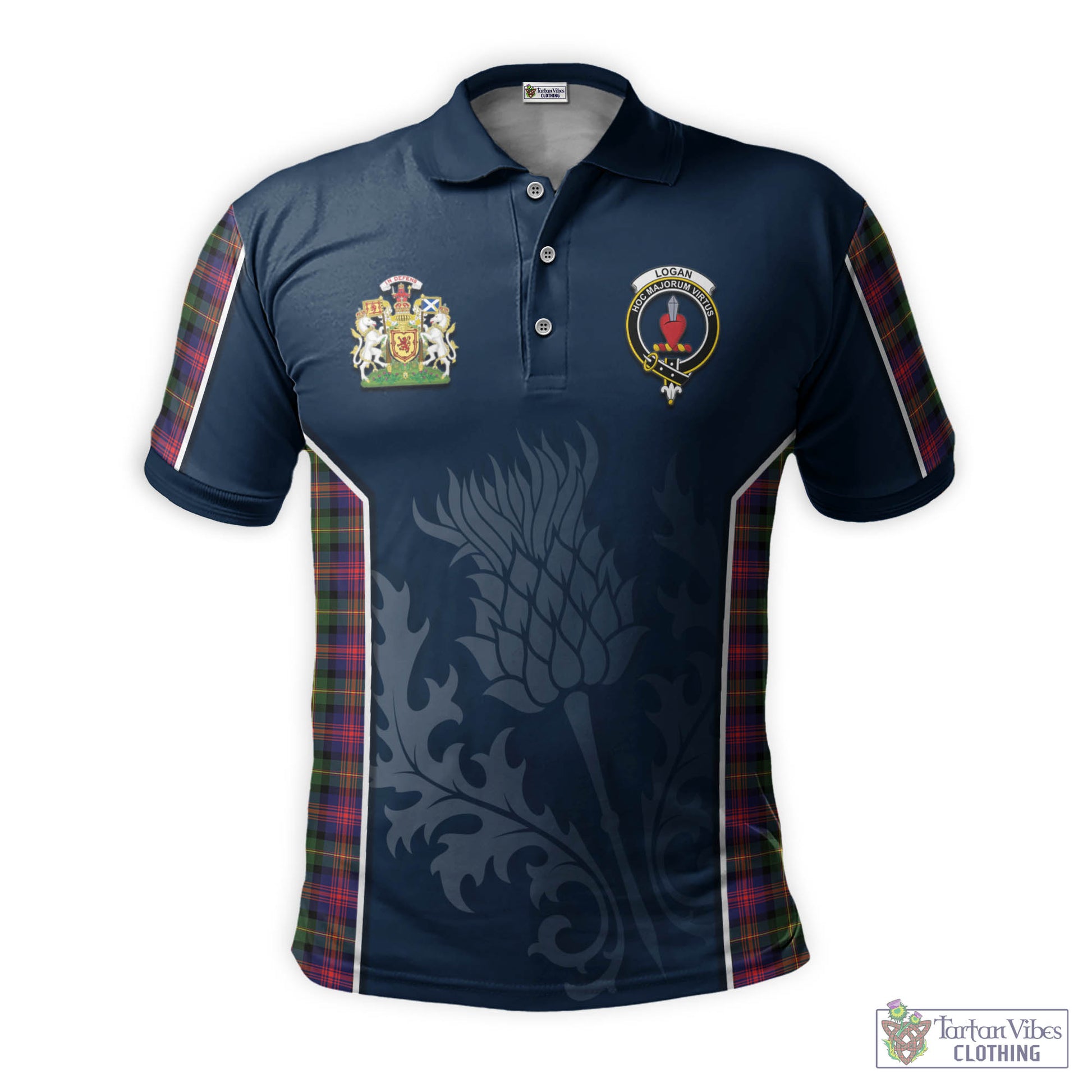 Tartan Vibes Clothing Logan Modern Tartan Men's Polo Shirt with Family Crest and Scottish Thistle Vibes Sport Style
