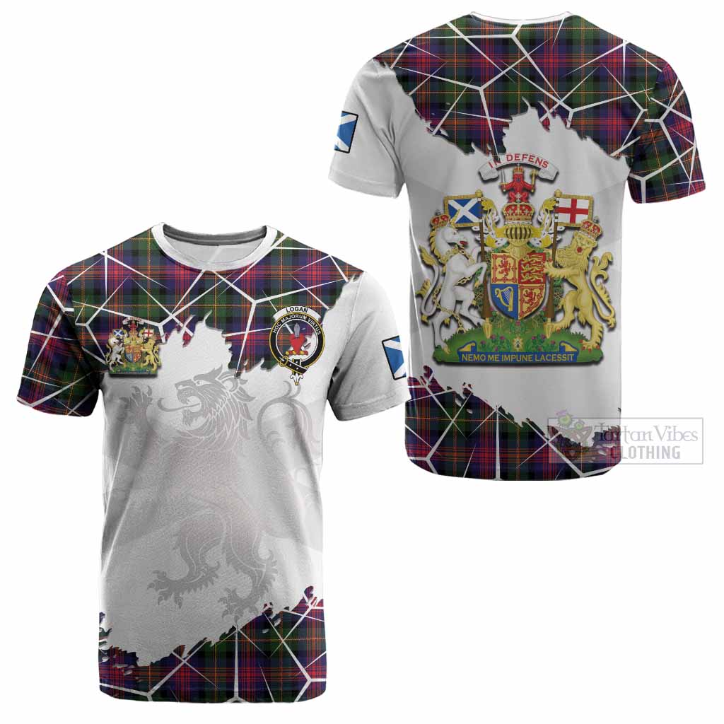Logan Tartan Cotton T-shirt with Family Crest and Lion Rampant Grunge Style