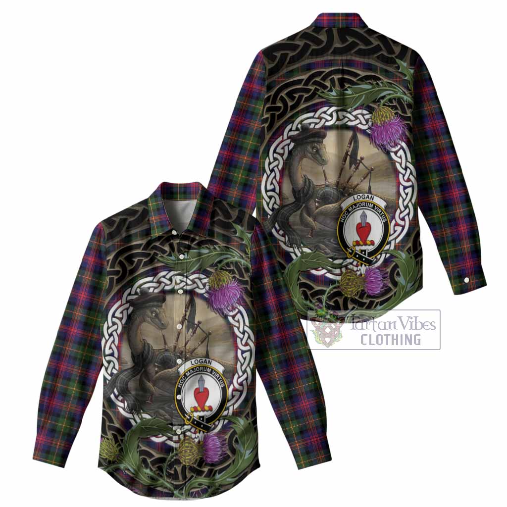 Logan Tartan Crest Bagpipe Nessie Women Casual Shirt Scottish Loch Ness Monster Celtic Thistle