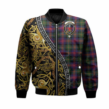 Logan Tartan Crest Bomber Jacket Celtic Knot and Triple Trickle Spiral Symbols