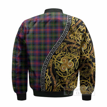 Logan Tartan Crest Bomber Jacket Celtic Knot and Triple Trickle Spiral Symbols