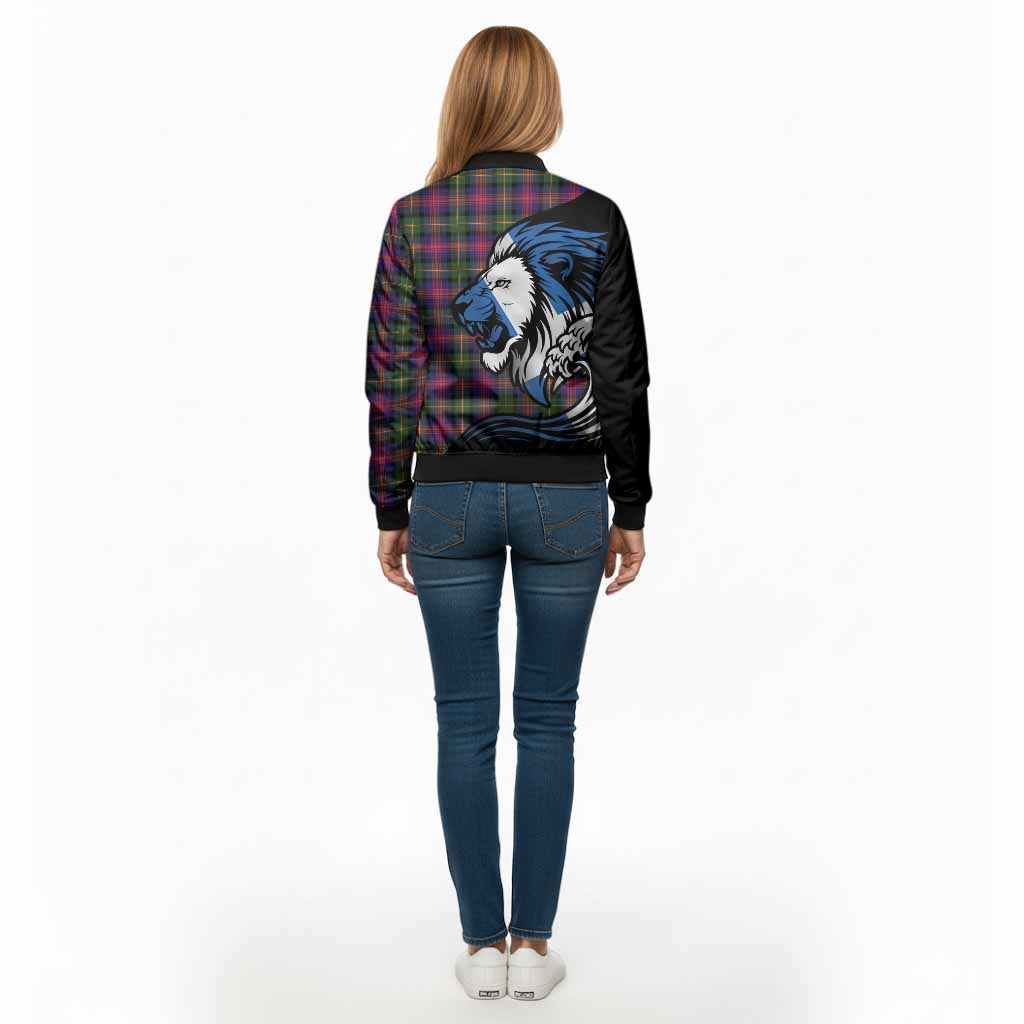 Logan Tartan Crest Bomber Jacket Scottish Golden Lions Wave Flow
