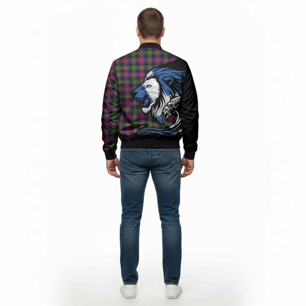 Logan Tartan Crest Bomber Jacket Scottish Golden Lions Wave Flow