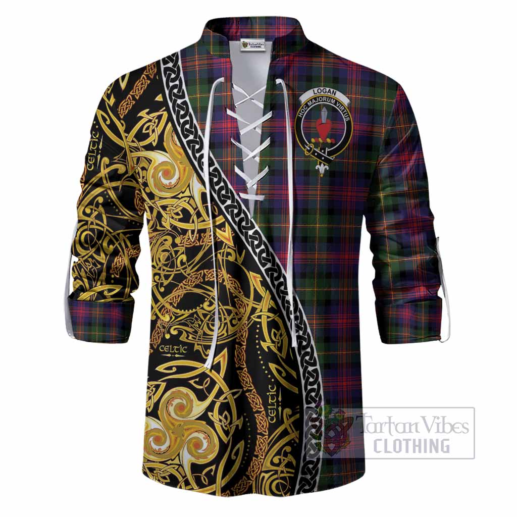 Logan Tartan Crest Ghillie Shirt Celtic Knot and Triple Trickle Spiral Symbols