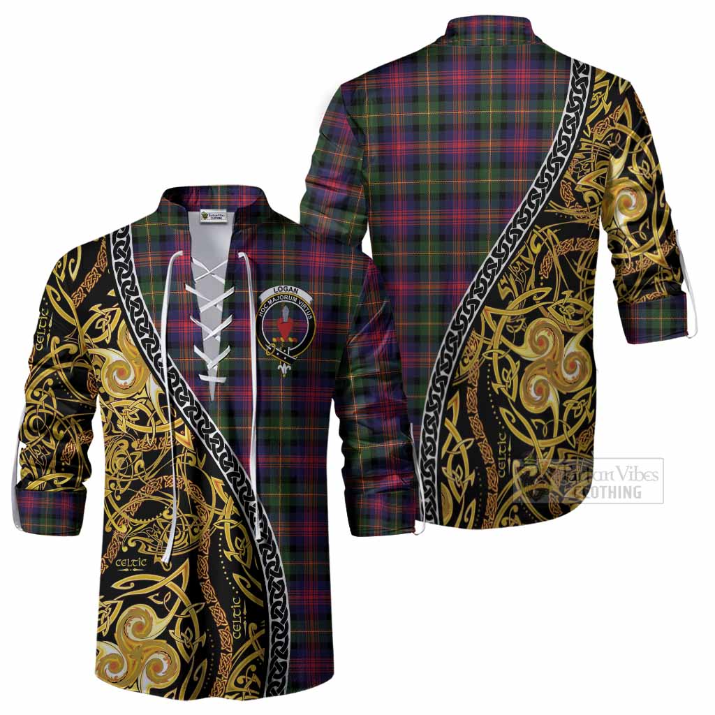 Logan Tartan Crest Ghillie Shirt Celtic Knot and Triple Trickle Spiral Symbols