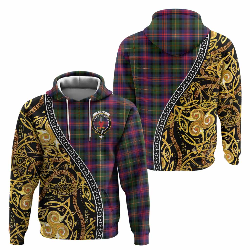 Logan Tartan Crest Hoodie Celtic Knot and Triple Trickle Spiral Symbols