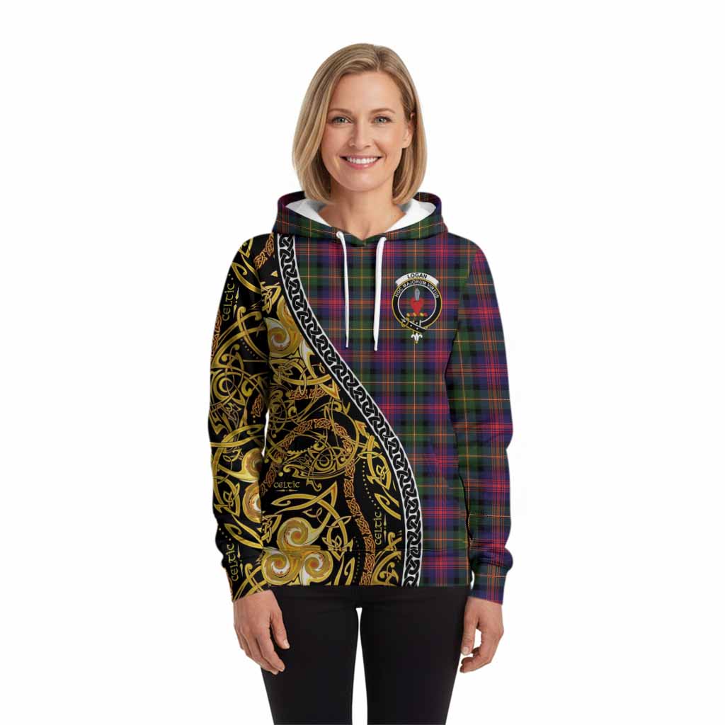 Logan Tartan Crest Hoodie Celtic Knot and Triple Trickle Spiral Symbols