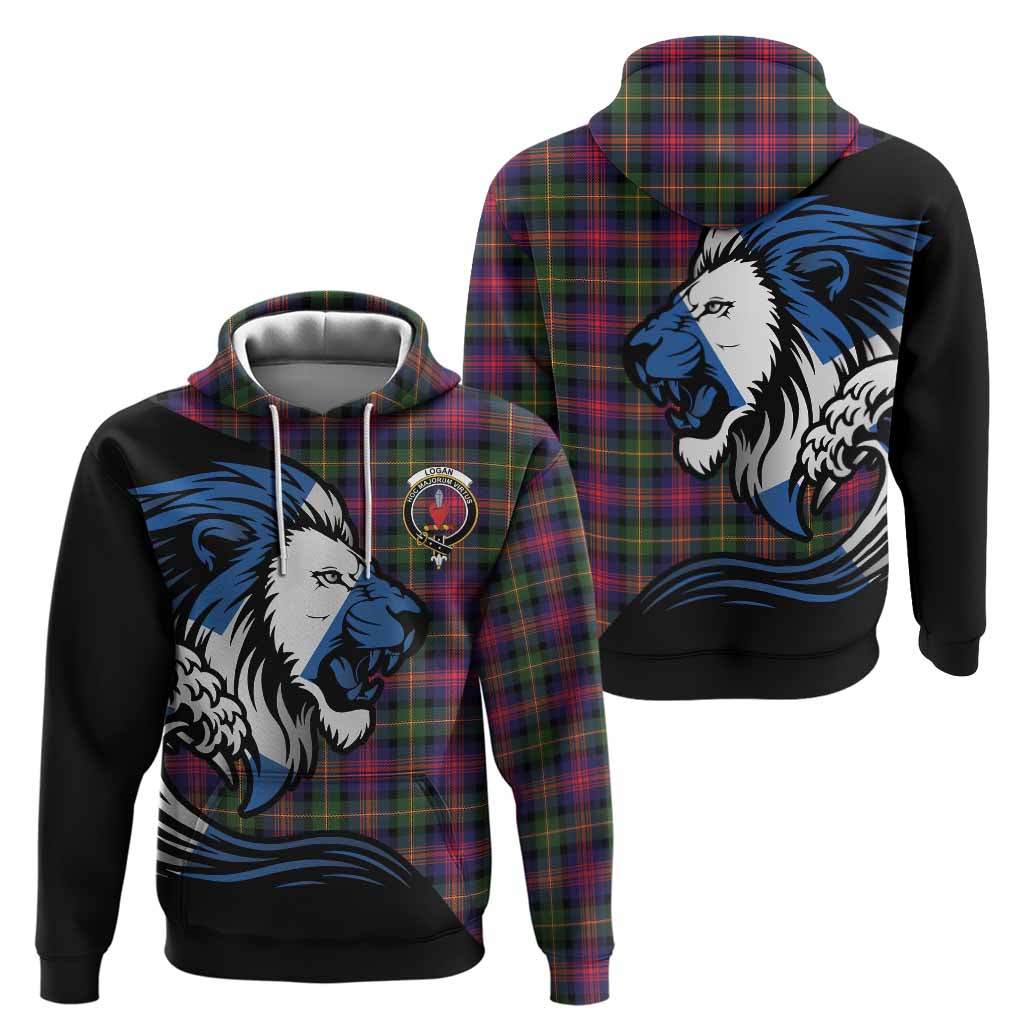 Logan Tartan Crest Hoodie Scottish Golden Lions Wave Flow