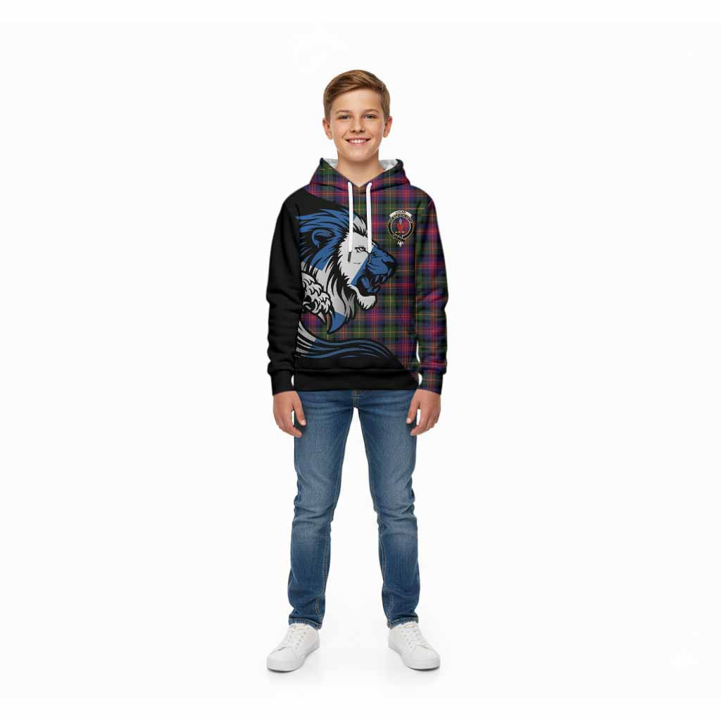 Logan Tartan Crest Kid Hoodie Scottish Golden Lions Wave Flow