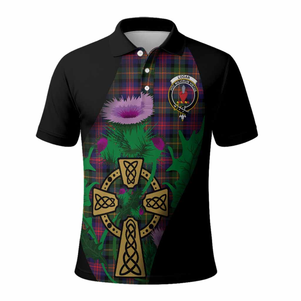 Logan Tartan Crest Polo Shirt Celtic Cross Thistle Flowers