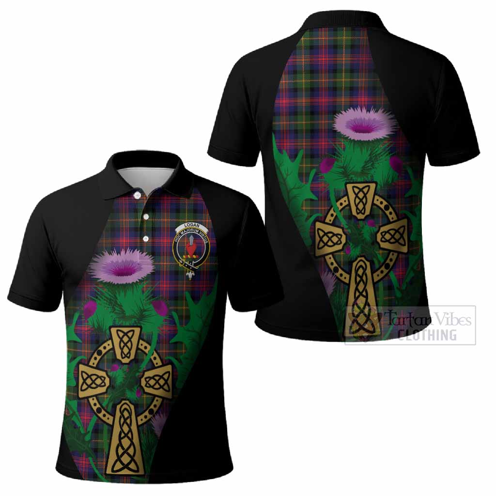 Logan Tartan Crest Polo Shirt Celtic Cross Thistle Flowers