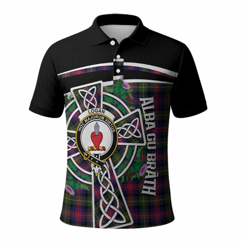 Logan Tartan Crest Polo Shirt Scottish Thistle Celtic Cross Alba Gu Brath