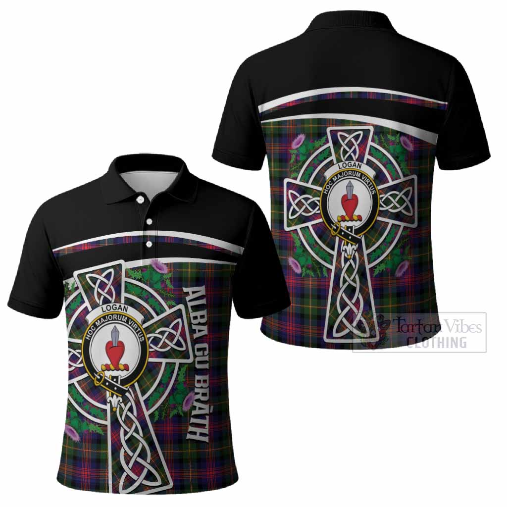 Logan Tartan Crest Polo Shirt Scottish Thistle Celtic Cross Alba Gu Brath