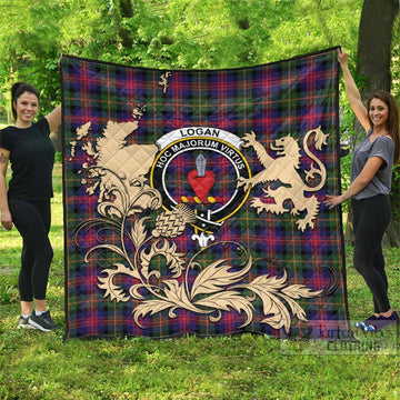 Logan Tartan Crest Premium Quilt with Scottish Iconic Symbols 