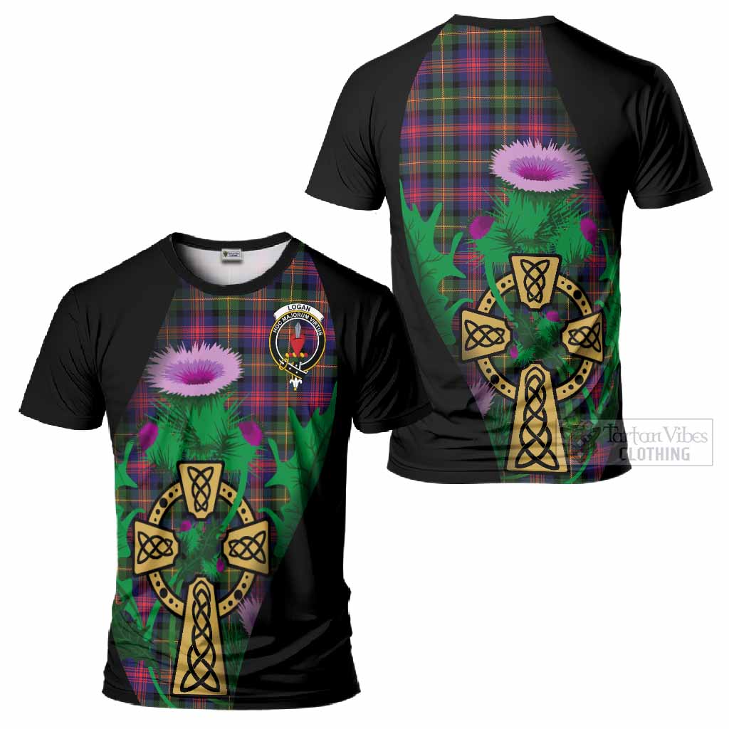 Logan Tartan Crest T-Shirt Celtic Cross Thistle Flowers
