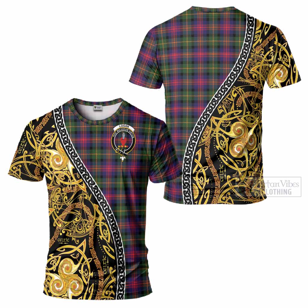 Logan Tartan Crest T-Shirt Celtic Knot and Triple Trickle Spiral Symbols