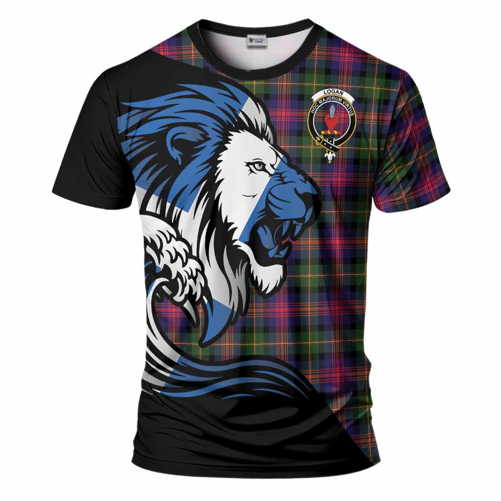 Logan Tartan Crest T-Shirt Scottish Golden Lions Wave Flow
