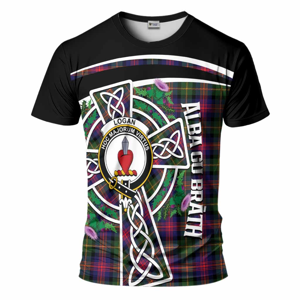 Logan Tartan Crest T-Shirt Scottish Thistle Celtic Cross Alba Gu Brath