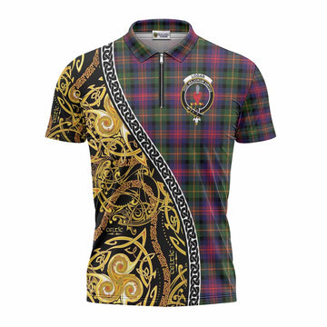 Logan Tartan Crest Zipper Polo Shirt Celtic Knot and Triple Trickle Spiral Symbols