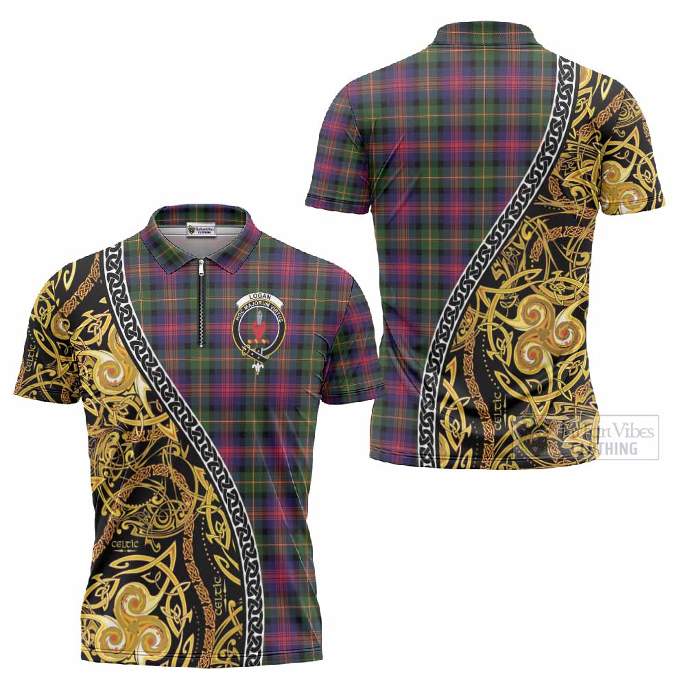 Logan Tartan Crest Zipper Polo Shirt Celtic Knot and Triple Trickle Spiral Symbols