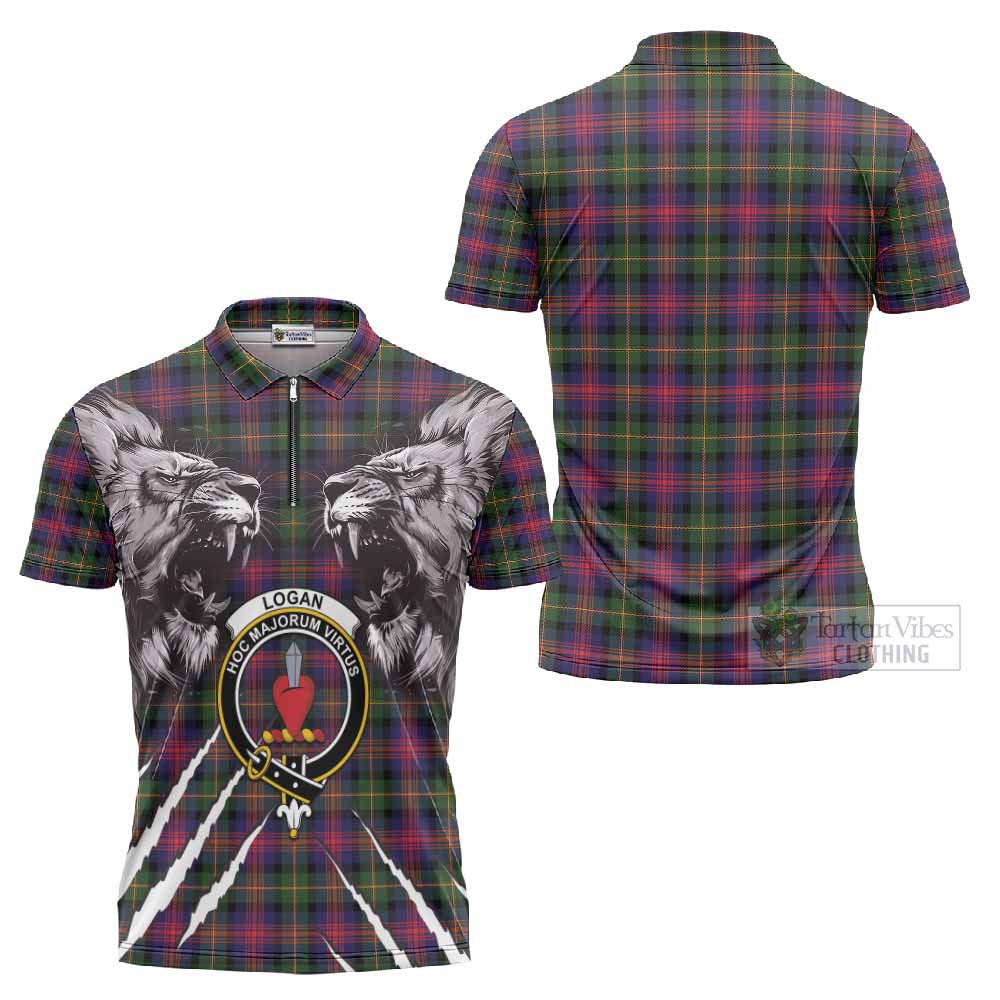 Logan Tartan Crest Zipper Polo Shirt Ferocious Lion Style
