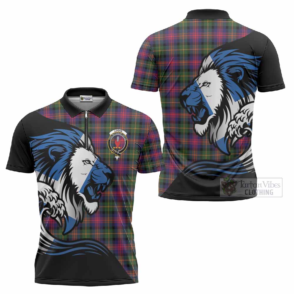 Logan Tartan Crest Zipper Polo Shirt Scottish Golden Lions Wave Flow