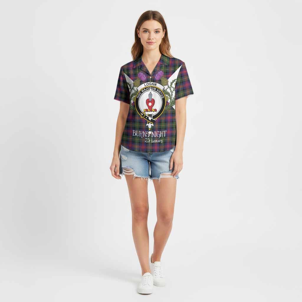 Logan Tartan Family Crest Cotton Hawaiian Shirt Scottish Burns Night Thistle Floral