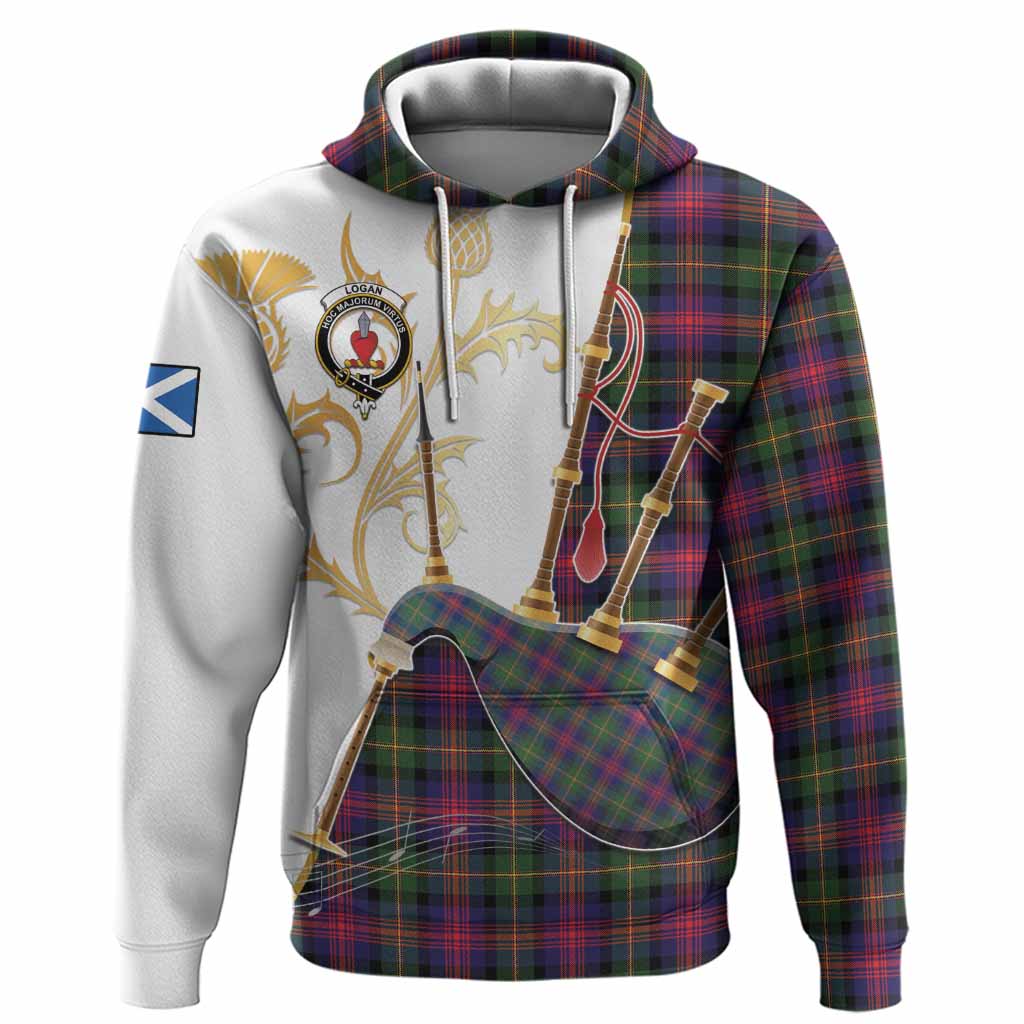 Logan Tartan Family Crest Hoodie Bagpipes with Scottish Thistle