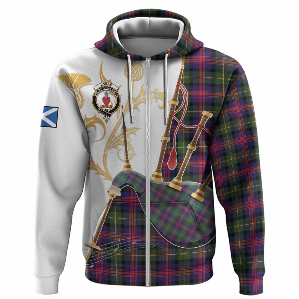 Logan Tartan Family Crest Hoodie Bagpipes with Scottish Thistle