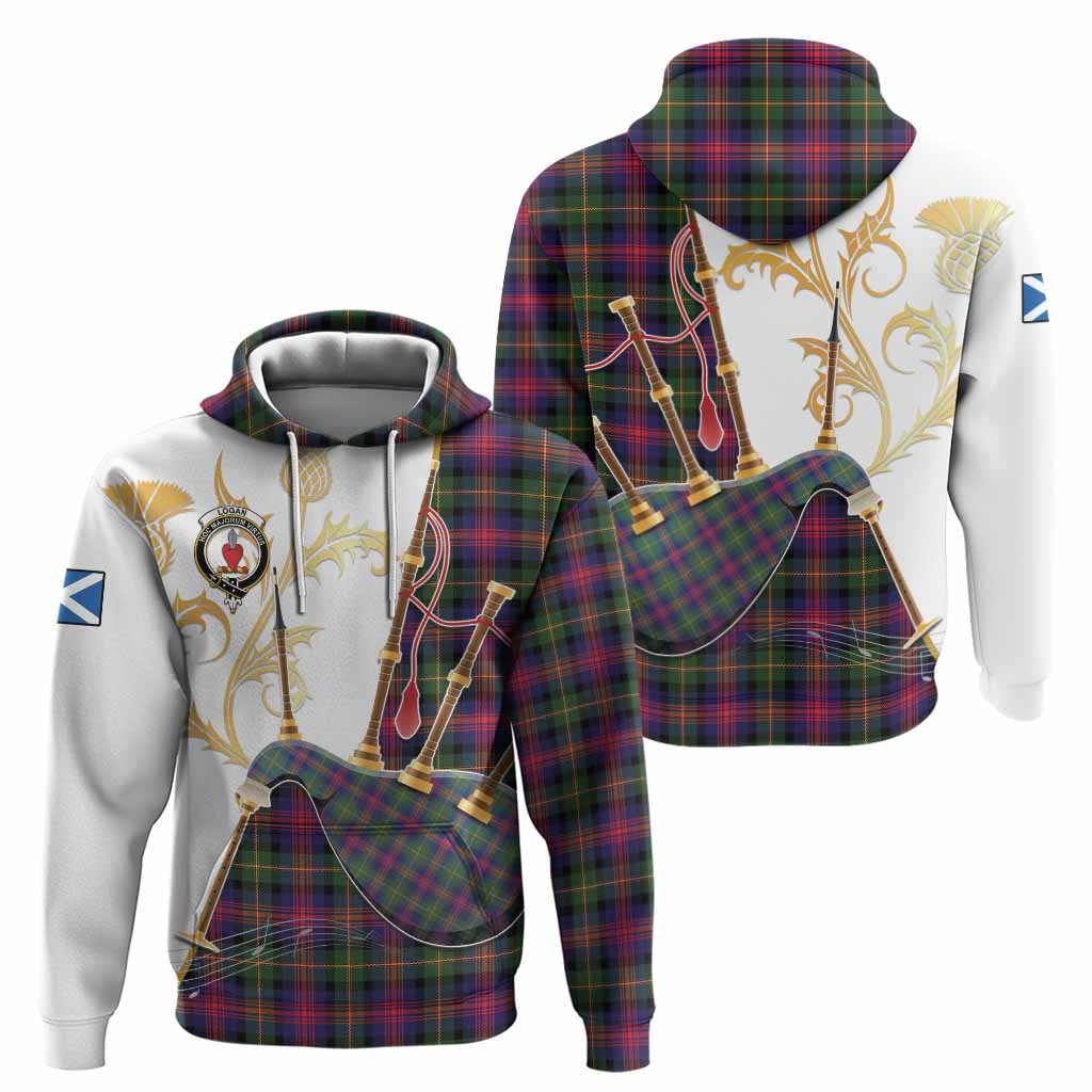 Logan Tartan Family Crest Hoodie Bagpipes with Scottish Thistle