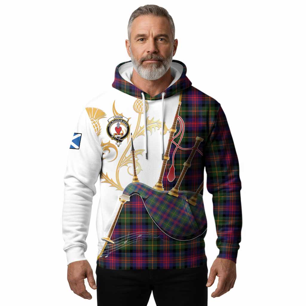 Logan Tartan Family Crest Hoodie Bagpipes with Scottish Thistle
