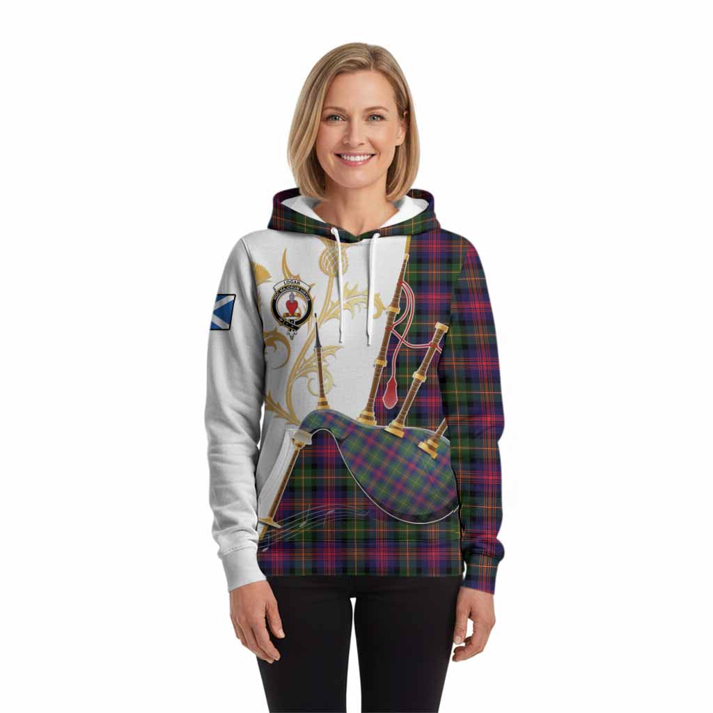 Logan Tartan Family Crest Hoodie Bagpipes with Scottish Thistle