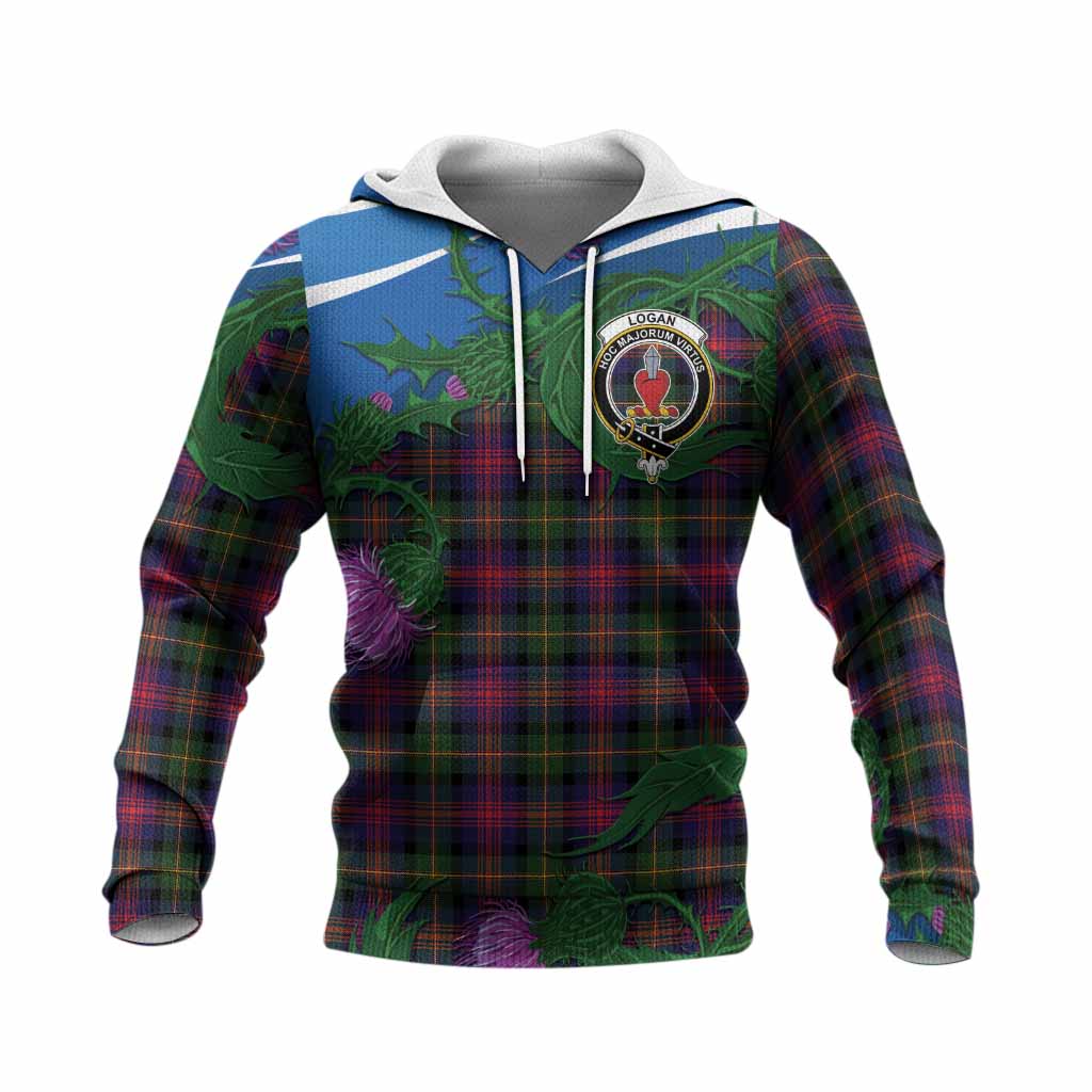 Logan Tartan Family Crest Knitted Hoodie Thistle in Minimalism