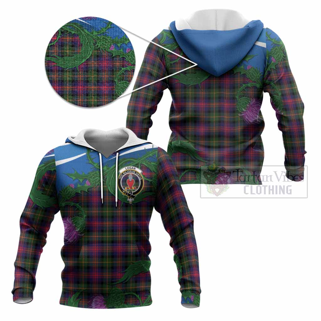 Logan Tartan Family Crest Knitted Hoodie Thistle in Minimalism