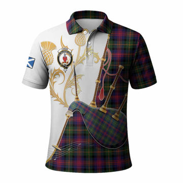 Logan Tartan Family Crest Polo Shirt Bagpipes with Scottish Thistle
