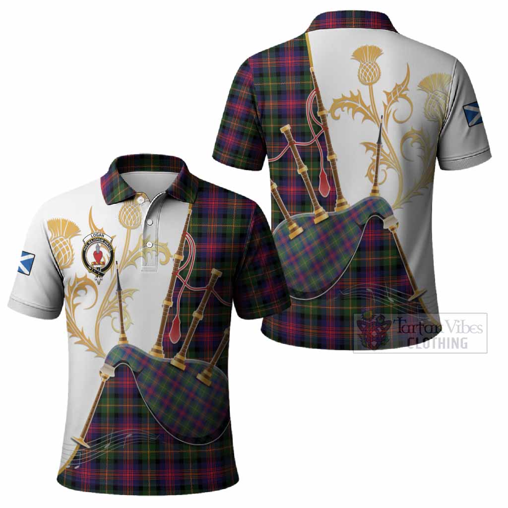 Logan Tartan Family Crest Polo Shirt Bagpipes with Scottish Thistle