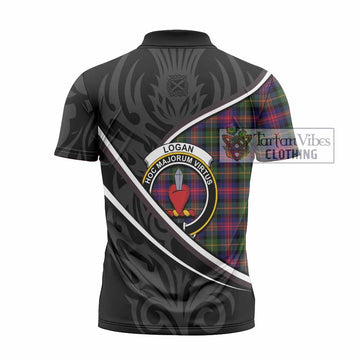 Logan Tartan Family Crest Zipper Polo Shirt Celtic Scottish Thistle Floral