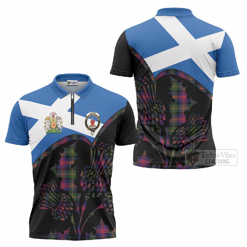 Logan Tartan Family Crest Zipper Polo Shirt Scotland Thistle Floral Flag Style
