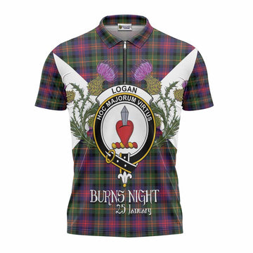 Logan Tartan Family Crest Zipper Polo Shirt Scottish Burns Night Thistle Floral