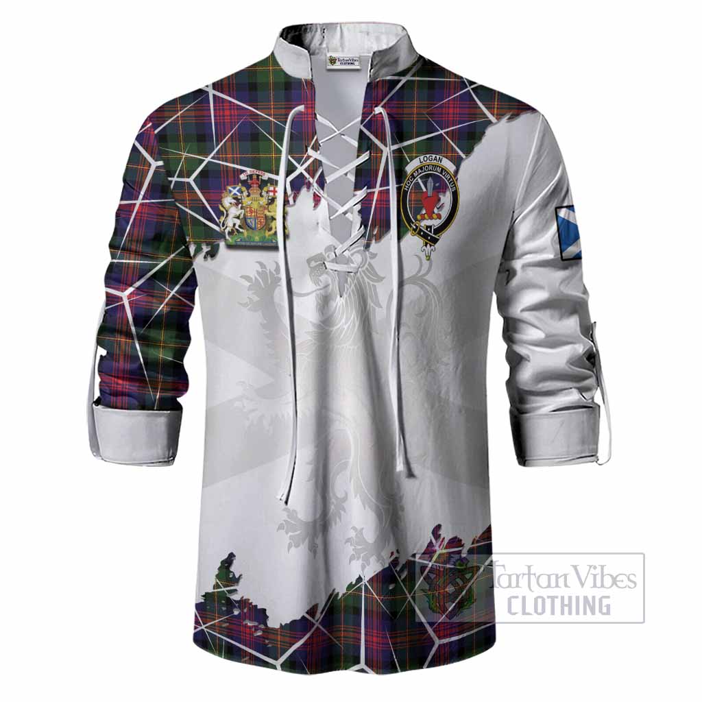 Logan Tartan Ghillie Shirt with Family Crest and Lion Rampant Grunge Style
