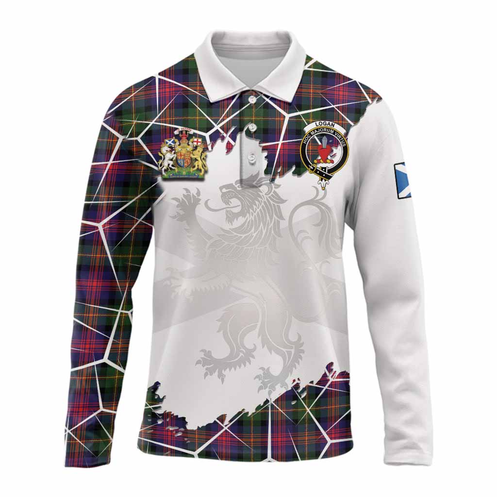 Logan Tartan Long Sleeve Polo Shirt with Family Crest and Lion Rampant Grunge Style