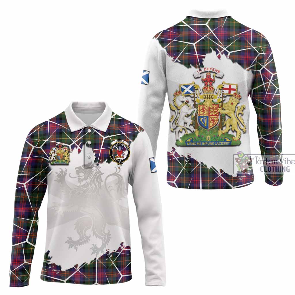 Logan Tartan Long Sleeve Polo Shirt with Family Crest and Lion Rampant Grunge Style